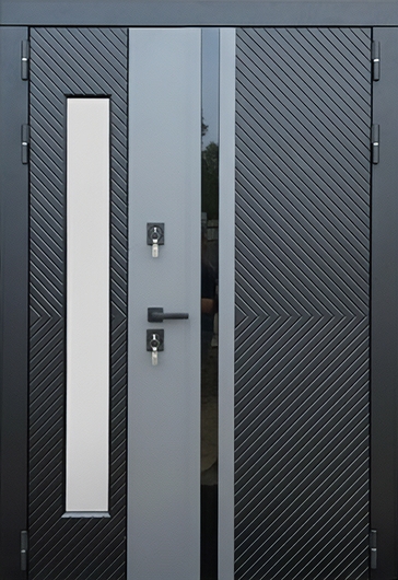 Полуторная остекленная термодверь с двухцветными серыми панелями МДФ Полуторная остекленная термодверь с двухцветными серыми панелями МДФ