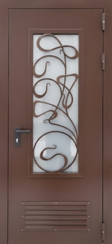 Стальная коричневая дверь для котельной с большим стеклом, вентиляцией и решеткой Стальная коричневая дверь для котельной с большим стеклом, вентиляцией и решеткой