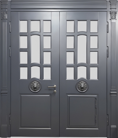 Двустворчатая парадная термодверь с остеклением, декором «лев» и панелями МДФ графит Двустворчатая парадная термодверь с остеклением, декором «лев» и панелями МДФ графит